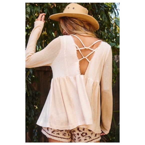 KsnoFadLook Tops - #2013 Criss Cross Waffle Knit Flowy Contrast Long Sleeve